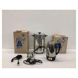 (2) Vintage Inland Coffee Warmers in Boxes, Electric Percolator, Coffee Maker, and Metal Individual Teapot