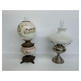 Pair of Oil Lamps with Hand-Painted Glass Globes and Metal Bases