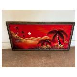 Framed Velvet Painting with Tropical Landscape