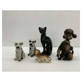 Ceramic Animal Figurines Including Dogs, Cat and Lion