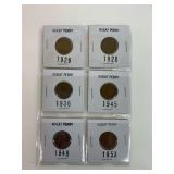 (6) Wheat Penny Coins in Holders