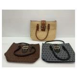(3) Handbags with Monogram Pattern and Buckle Accents