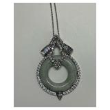 Sterling Silver Green Jade Multi Baguette and Round CZ Gem 2 in. Pendant, 18 in. Necklace