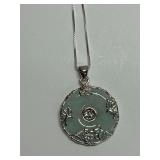 Sterling Silver and Green Jade 1.375 in. Prosperity Pendant with Birds and Butterflies, 18 in. Boxlink Necklace