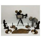 Decorative Home Accent Group Including Movie Camera Clock and Elephant Figurine