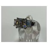 Sterling Silver Princess Cut CZ Gemstone Ring with Emerald Cut CZ Accent Gems, Size 8