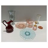 Glassware Assortment Including Pink, Ruby, Blue, and Clear Items