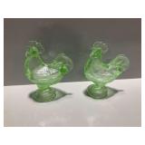 (2) Green Glass Rooster Covered Dishes