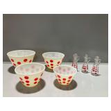 Fire-King Red Dot Mixing Bowls and Cruets