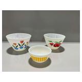 (3) Fire-King and Pyrex Mixing Bowls with Tulip, Cherry, and Dot Patterns