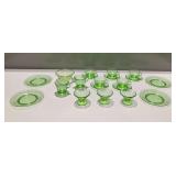 Green Depression Glass Dinnerware with Floral Etching and Swirl Patterns
