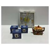 Cottage Design Teapot, (3) James Dean Mugs, and Glass Clock New in Packaging