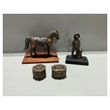 4-Piece Metal Decorative Lot: Horse Statue, Figurine, and (2) Octagonal Boxes