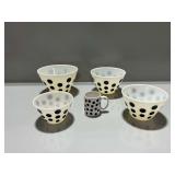 (4) Fire-King Black Polka Dot Bowls and Ceramic Mug