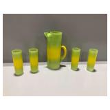 Mid Century Blendo Glass Pitcher and Tumbler Set in Yellow and Green Ombre