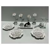 Decorative Home Accent Set with Floral Sculptures and Hourglass