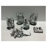 Glass Candle Holders with Metal Stands and Floral Accents