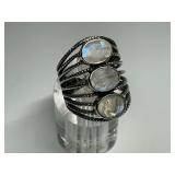 Boho Sterling Silver Multi Band Ring with (3) Oval Moonstones...Size 7