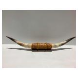 Mounted Steer Horns with Tooled Leather Wrap on Wooden Base