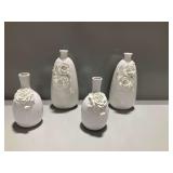 (4) White Ceramic Vases with Floral Appliques