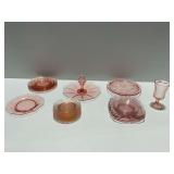 Pink Glass Tableware Including Plates and Goblets