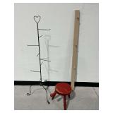 Metal Display Rack, Wooden Wall Peg Rack, and Wooden Stool