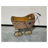 Wicker Baby Carriage with Folding Hood and Metal Spoke Wheels