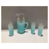 4-Piece Vintage Blendo Turquoise Glass Pitcher and Tumblers with Gold Trim