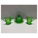 3-Piece Green Depression Glass Tableware with Thistle Motif