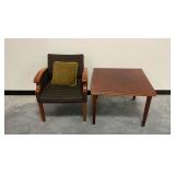 Armchair, Wooden Side Table, and Accent Pillow