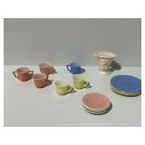 Hazel Atlas Little Hostess Pastel Dishes with Akro Agate Vase