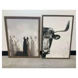(2) Framed Animal Wall Art Pieces... Llamas and Longhorn Steer