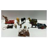 Vintage Toy Group with Wooden Pull Carts and Animal Figurines