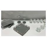 Crystal Glass Tabletop Set with Mirrored Trays and Candleholders
