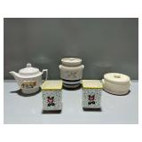 Cookie Jar, Trapot, Rooster and Roses Cannisters (no lids), and Bean Pot