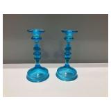 (2) Blue Glass Candle Holders