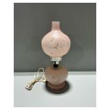 Pink Glass Electric Hurricane Lamp with Floral Etched Design