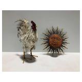 Metal Rooster Figurine and Sun Wall Planter