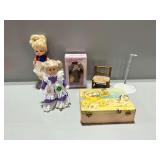 (3) Vintage Dolls, Case with Doll Clothing and Dollhouse Furniture, Doll Chair, and Doll Stand