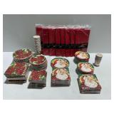 Christmas Tableware with Disposable Plates, Napkins, Cups, and Tablecovers