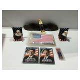 Pair of Patriotic Eagle Bookends, Wall Mount Eagle, Ronald Reagan DVDs, and Memorabilia