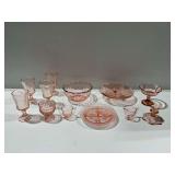 12-Piece Pink Depression Glassware Lot with Various Tableware and Serving Pieces