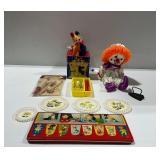Vintage Toy Assortment and Mid Century Watercolor Set in Tin: Jack in the Box, Clown Dolls, and More
