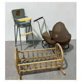 Doll Furniture: Highchair, Wicker Carriage, and Wooden Cradle