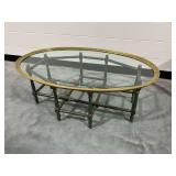 Oval Glass Top Coffee Table with Painted Wooden Base