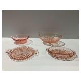 (4) Pink Depression Glass Tableware Pieces with Handled Trays and Bowls