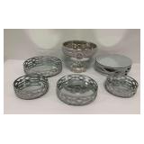 6-Piece Set of Silver Tone Mirrored and Rhinestone Decor Trays and Pedestal Bowl