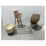 Doll Furniture: Wicker Carriage, Wooden Highchair, and More