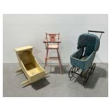 (3) Doll Nursery Items: Wooden High Chair, Wooden Rocking Cradle, and Woven Baby Carriage