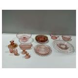 17-Piece Pink Depression Glass Tableware Group with Etched and Pressed Patterns